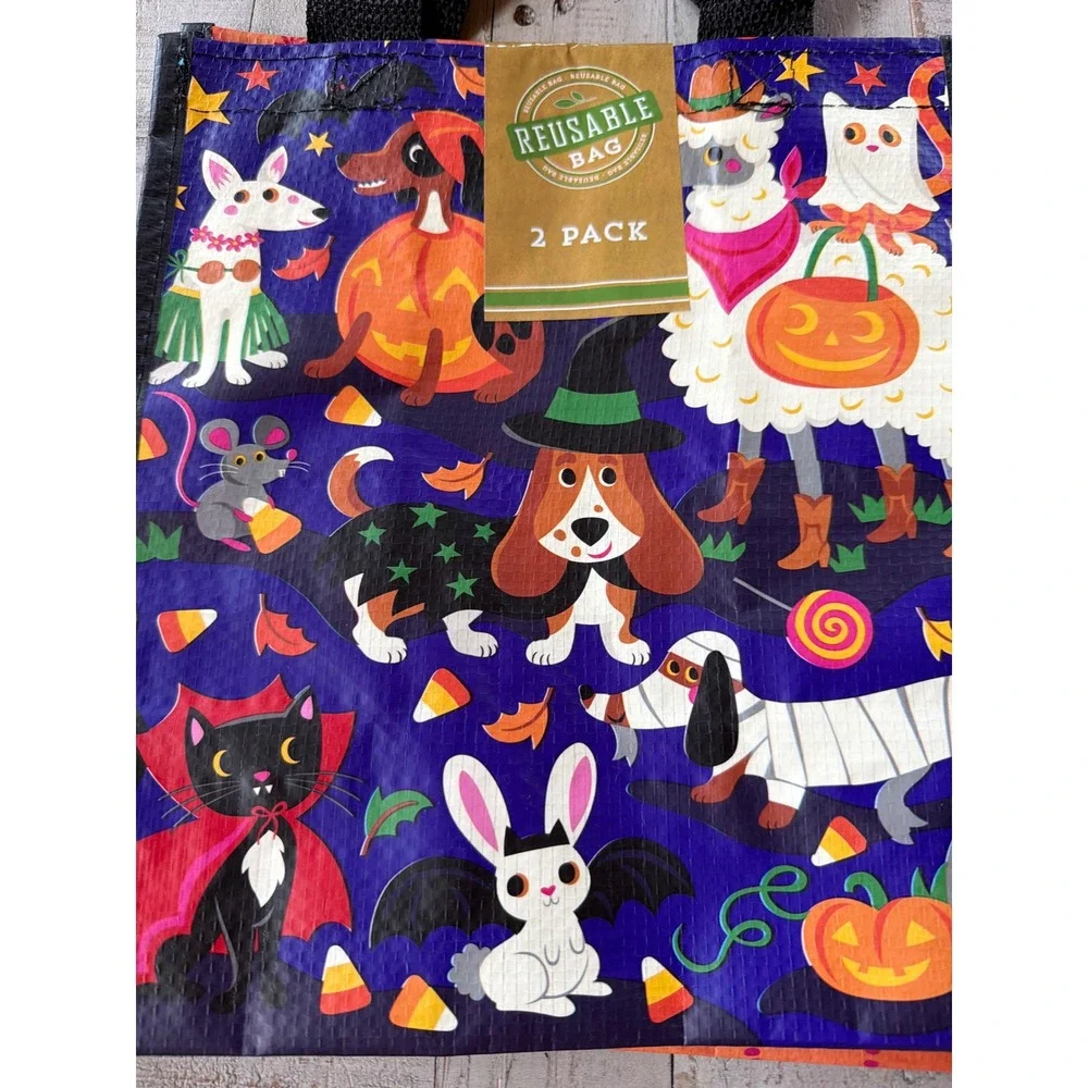 Halloween Dia de los Muertos Reusable Gift Bag 2 Pack Chihuahua Sugar Skull Dog
